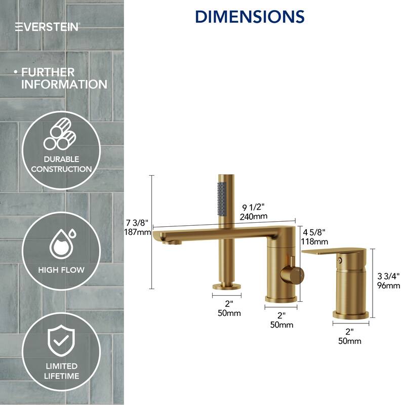 Modern Tub Filler with Hand Sprayer Deck Mount Tub Faucet with Hand Shower 3 Holes Bathtub Faucet Brass