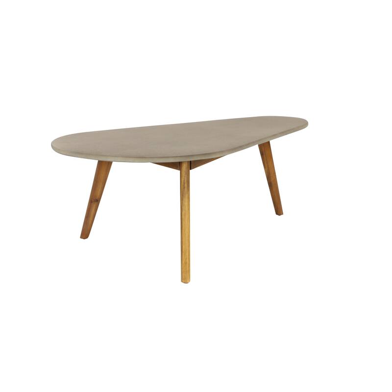 Gray Concrete Inspired Oval End Table Outdoor Accent Table with Brown Tapered Wood Legs