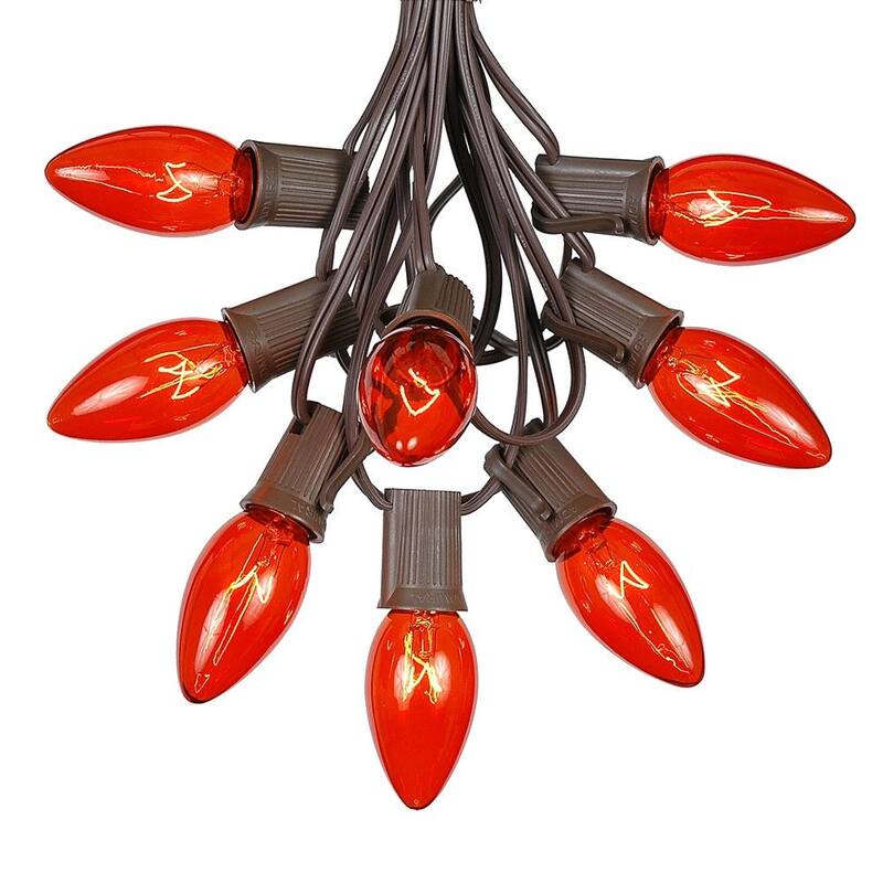 25 Foot C9 Christmas Light Set, Hanging Patio String Lights, Brown Wire - Orange