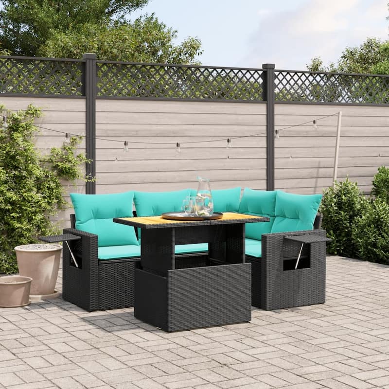 vidaXL Patio Sofa Set with Cushions Outdoor Furniture 5 Piece Poly Rattan - Black-without storage - 24.4 x 24.4 x 27.2
