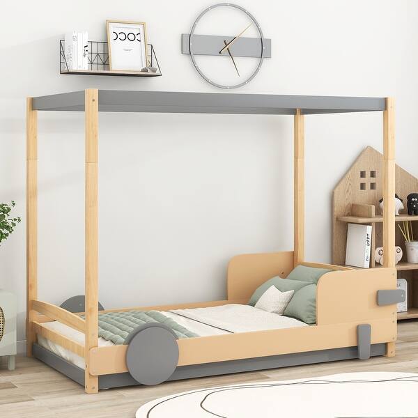 slide 2 of 10, Car Shaped Canopy Platform Bed with Wheels Twin