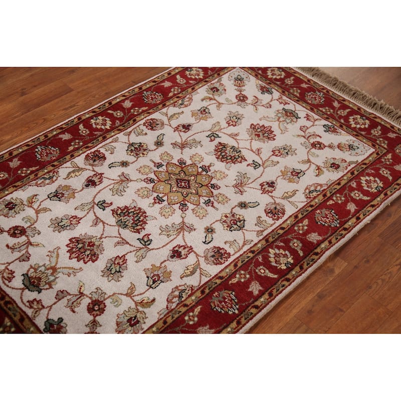 Floral Ivory Agra Indian Foyer Rug Hand-Knotted Wool Carpet - 3'1"x 5'1"