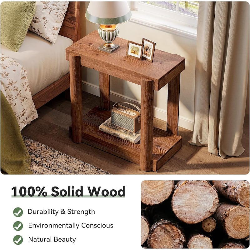 Solid Wood End Table, Modern Farmhouse Side Table with 2-Tier Storage Shelf - 25.6" L × 11.8" W × 25.6" H