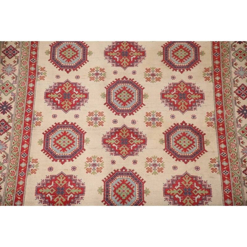 Beige Kazak Area Rug Hand-Knotted Geometric Wool Carpet - 6'6" x 9'2"