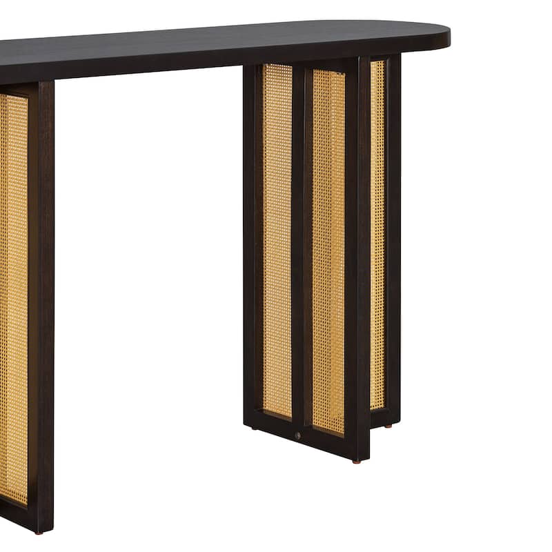 Acacia Veneer Rattan Console Table Narrow Hallway Tables with Oval Table Top, Entryway Table with Storage Drawers Brown