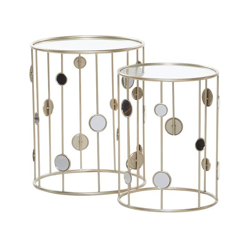 Metal Open Frame Accent Table with Mirrored Glass Top and Circular Accents - Set of 2 Gold - Roche River Decor - 13"Wx13"Lx18"H