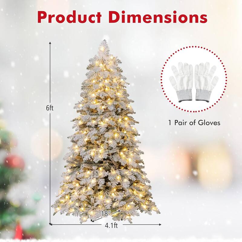 6/7 FT Pre-lit Artificial Christmas Tree Snow Flocked Hinged Xmas Tree - 6 Foot