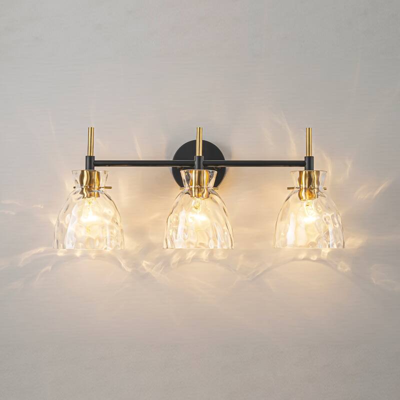 1-Light/3-Light Matte Black and Antique Brass Bathroom Vanity Light with Water-Rippled Glass Shade