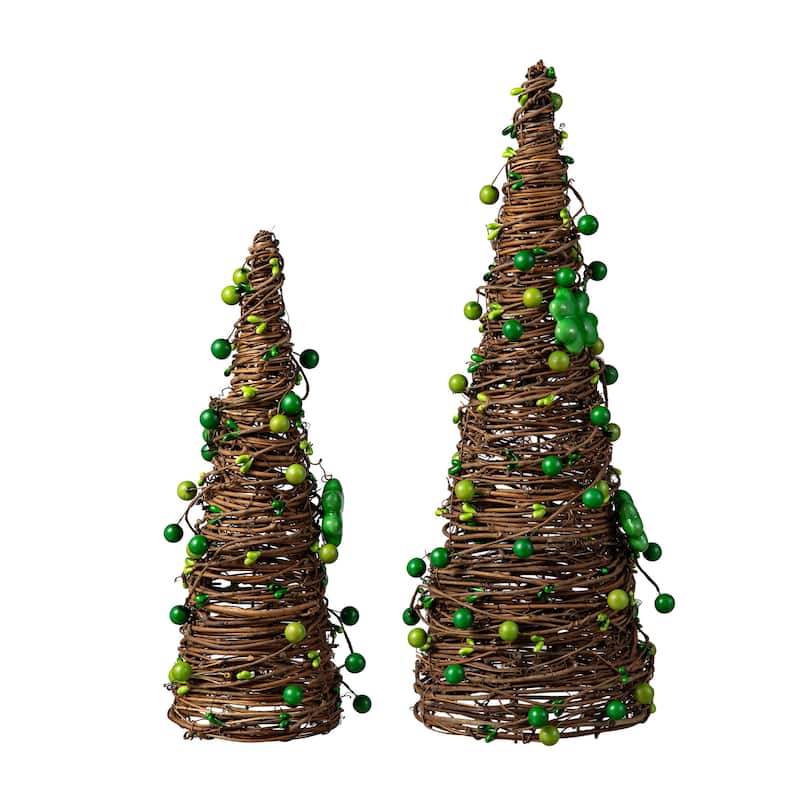 Glitzhome 16"H Set of 2 St. Patrick's Rattan Shamrock and Berries Table Tree