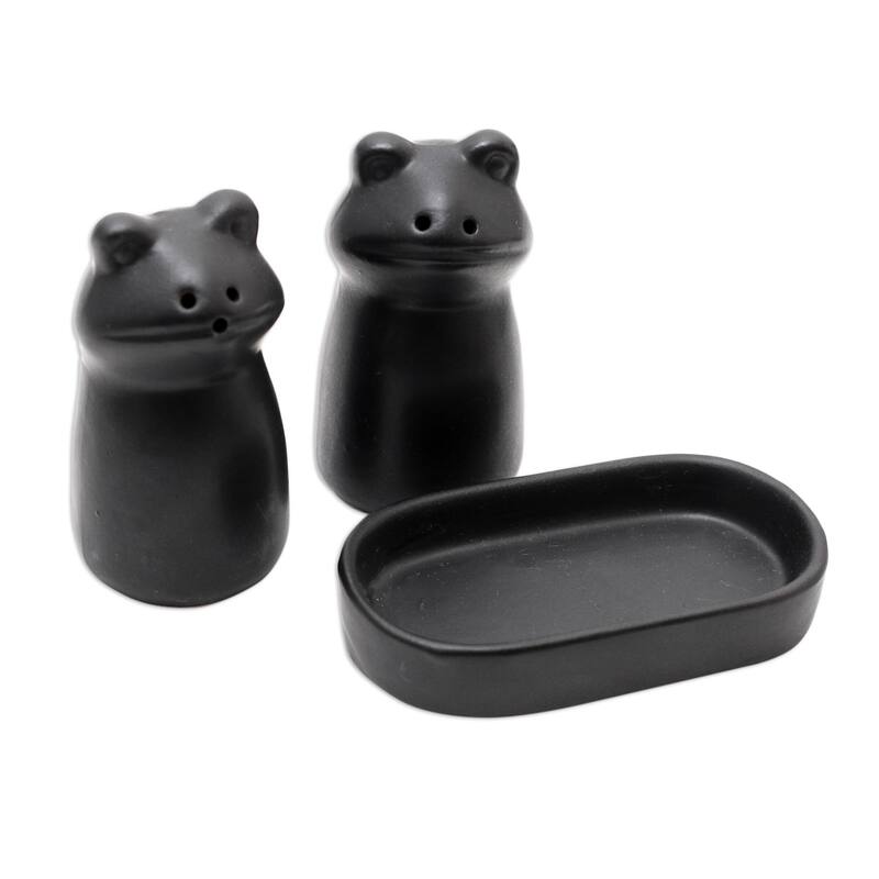 Novica Handmade Fanciful Frogs In Black Ceramic Salt And Pepper Set