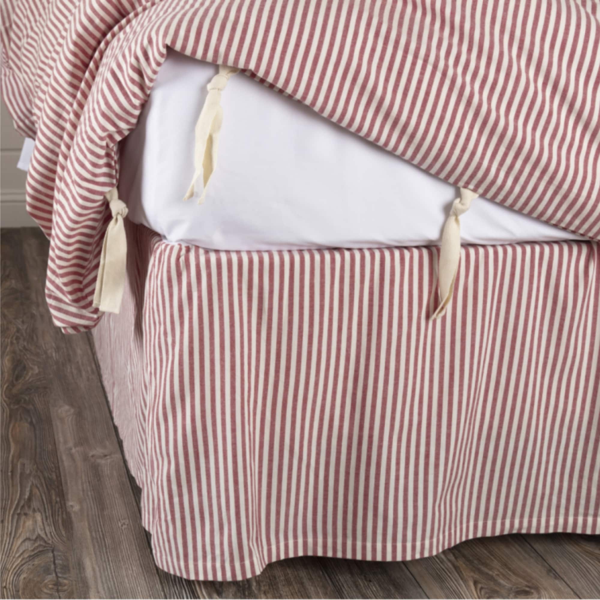 Farmhouse Ticking Red King Bed Skirt
