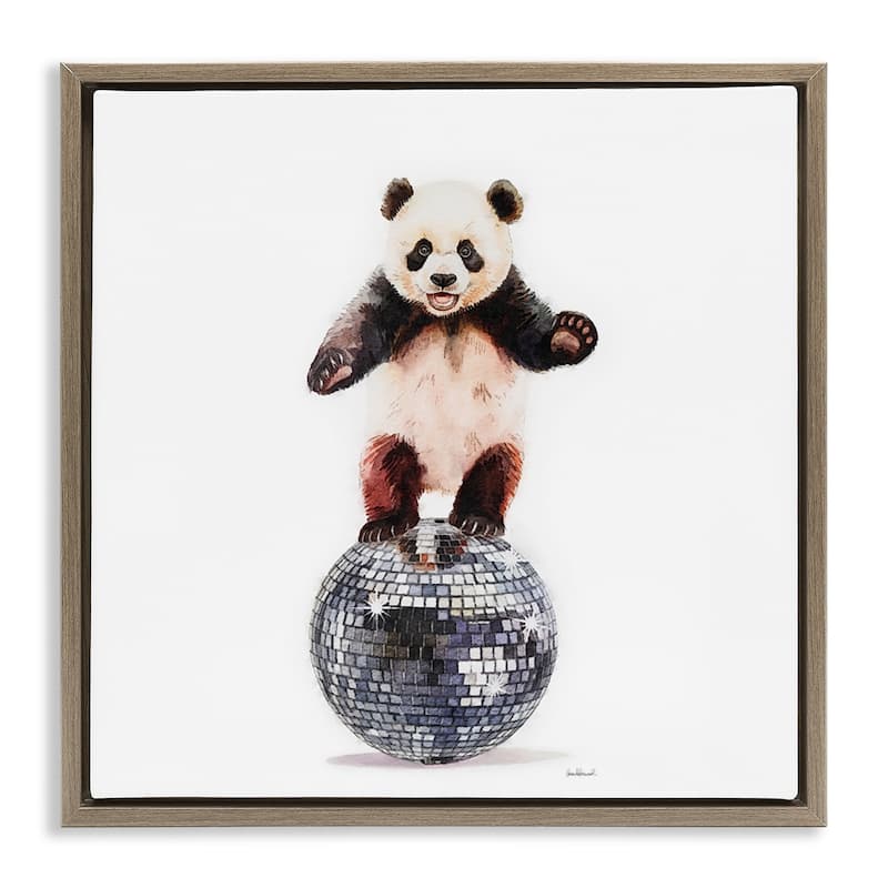 Stupell Panda Balancing on Disco Ball Framed Floater Canvas Wall Art Design By Amanda Greenwood - 25 x 25 - Brown