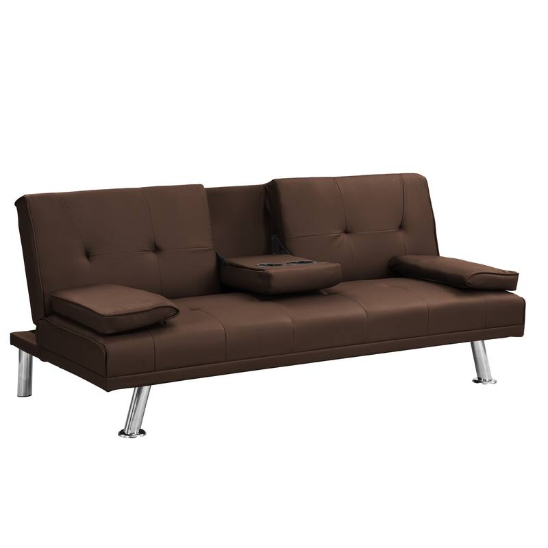 Sofa Bed with Armrests, Wood Frame & Stainless Legs, Futon Style with PVC Upholstery - Brown