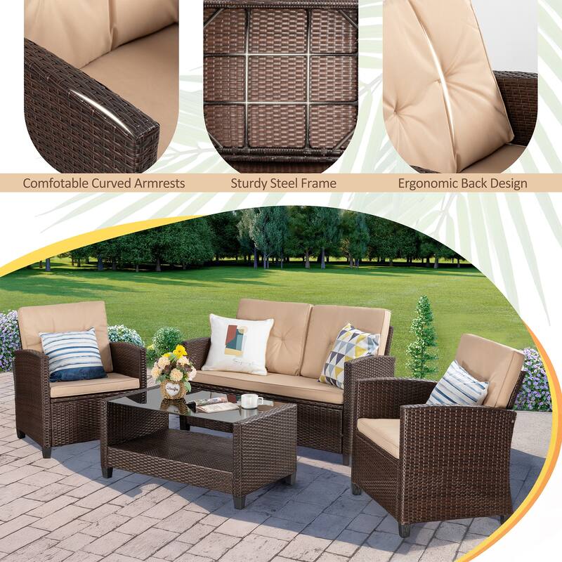 Outdoor 4-Piece Wicker Patio Conversation Sofa Set - N/A