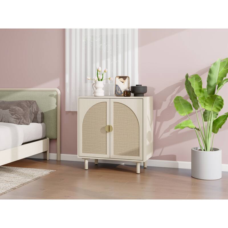 Rattan Decorative Cabinet Dining Cabinet with Semicircular Metal Handles, Rustic Credenza Console Cabinet