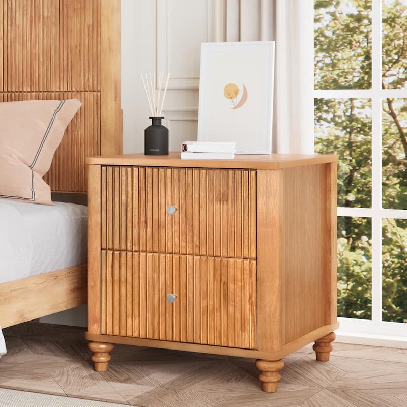 Fluted Nightstand, 21.65" Wide Side Table with 3 Drawers, Mid Century Modern Wood NightStand with Metal Handle