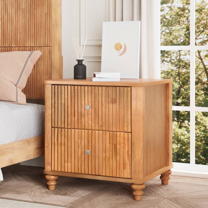 GDFStudio Mid-Century Fluted 3-Drawer Wooden Nightstand with Metal Handles