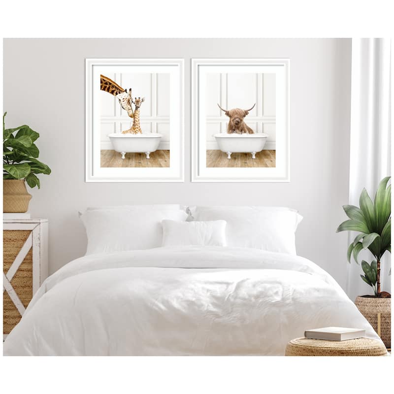 Kate and Laurel Highland Cow & Giraffe in Traditional Bathtub 2 Piece Framed Wall Art Print Set by Amy Peterson