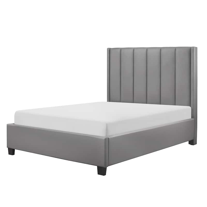 Neon Queen Platform Bed, Faux Leather Upholstered Headboard, Gray Wood