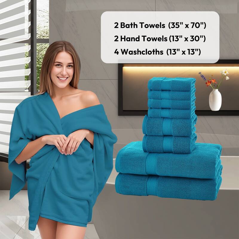 Extra Large 8 Pieces Bath Towel Set, 100% Cotton Highly Absorbent Towels for Bathroom