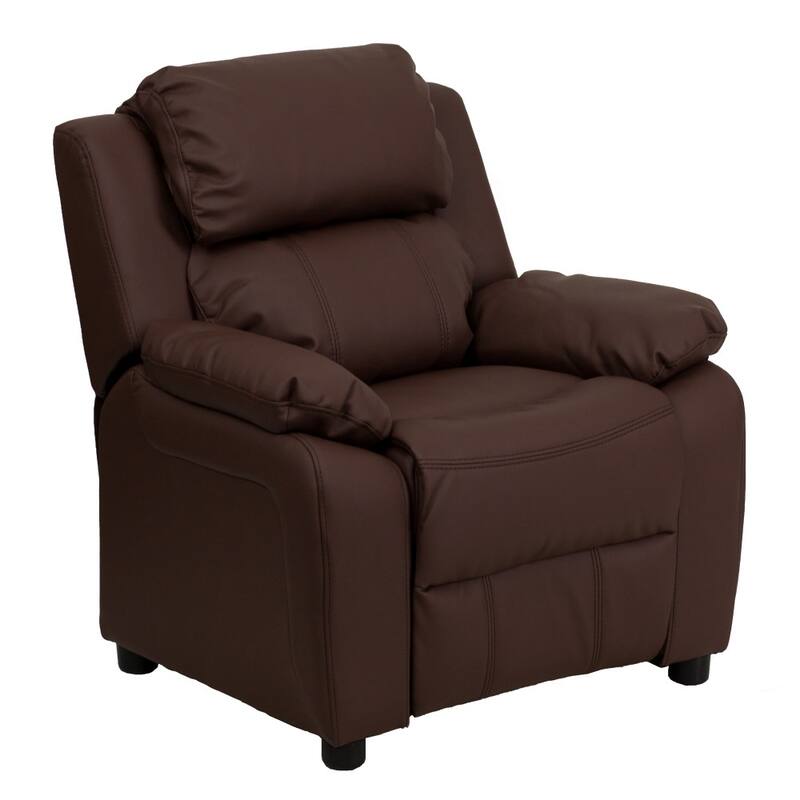 Deluxe Padded Contemporary Kids Recliner with Storage Arms - Brown Leather