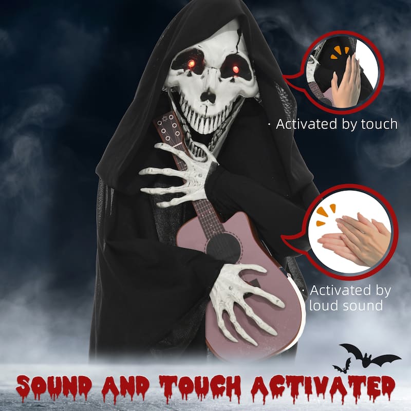 4.3' Outdoor Halloween Decoration Animatronic Guitar playing Grim Reaper Sound Motion Activated Light Up Eyes Guitar Music