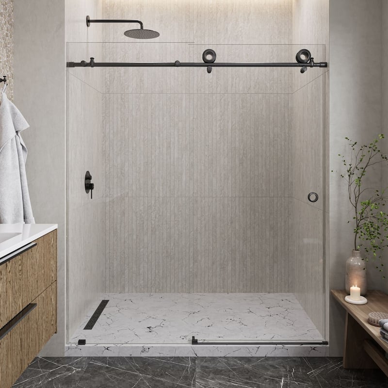 Seawin Hugo 56 - 60 x 78 inches Frameless Sliding Shower Door 3/8 in. (10 mm) Clear Tempered Glass with NanoShield Coating - Matte Black.