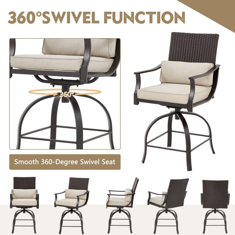 EROMMY Outdoor Bar Set, High Top Patio Table with 2 Swivel Bar Stools, Rattan Bistro Set for Backyard, Poolside, Garden