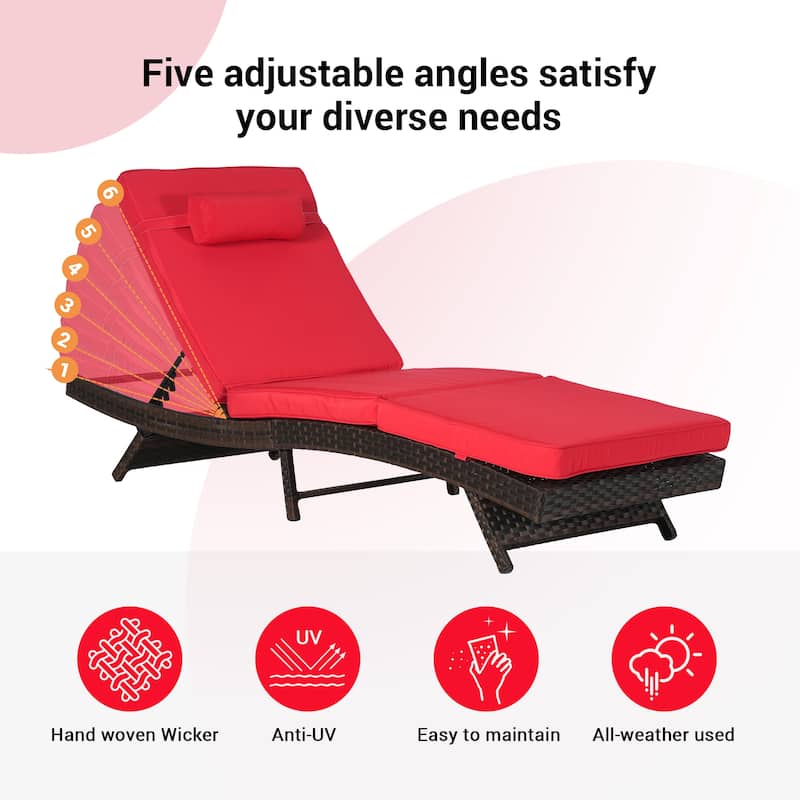 Outdoor Wicker Long Reclining Chair Set of 2, Wicker Reclining Lounge Chair Lawn Sunbathing Chairs for Beach Poolside Garden
