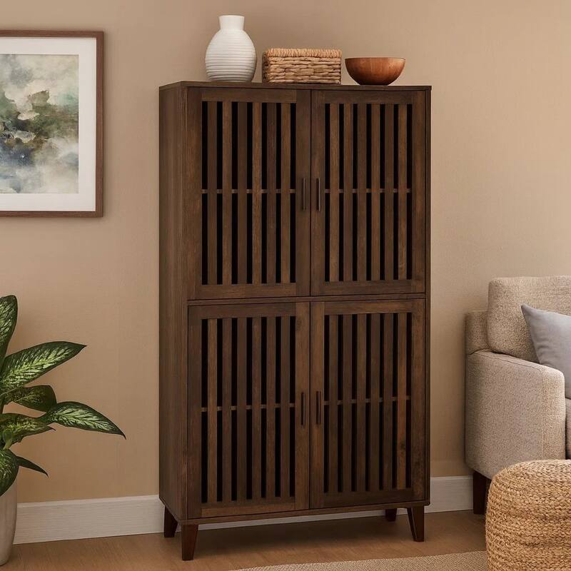 69 Inch Tall Accent Cabinet, Vertical Slatted Design, Brown and Black