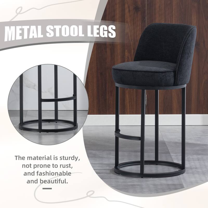 Counter Height Bar Stools Set of 2, Modern Barrel Counter Stools with Backrest, Linen Fabric Upholstered Accent Bar Stools