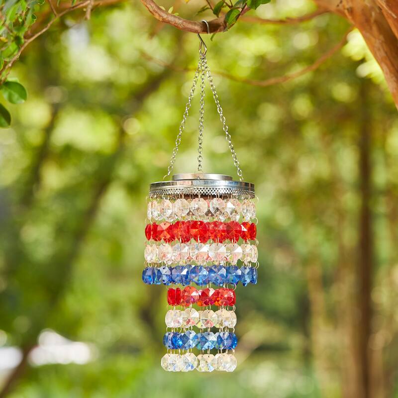 Glitzhome 19"H Solar Lighted Patriotic Wind Chime Hanging Decor