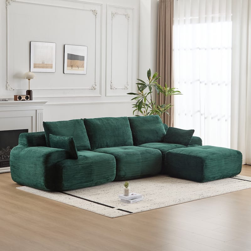 Ergonomic Deep Seat L-shaped Sectional Sofa with Chaise, Pet-Friendly Corduroy Modular Memory Foam Compressed Couch with Ottoman - Green