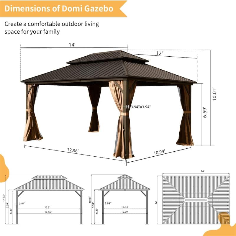 Outdoor Hardtop Gazebo, Aluminum Metal Gazebo with Galvanized Steel Double Roof Canopy, Curtain and Netting