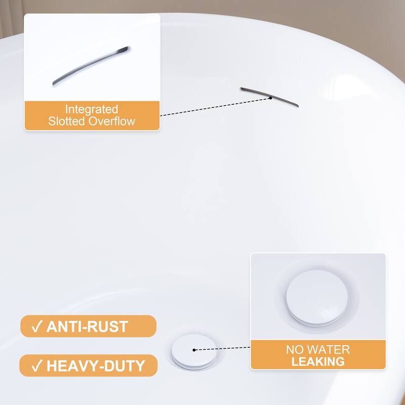 66'' W,63 GALLONS Freestanding Acrylic Soaking Bathtub With Drain And Overflow Holes