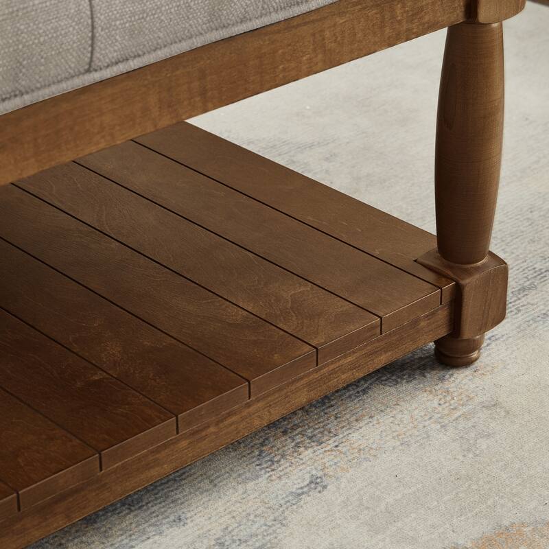 Large Square Upholstered Tufted Linen Ottoman Coffee Table, Large Footrest Ottoman with Solid Wood Shelf