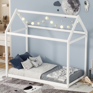 Twin House Bed, Sturdy Pine Wood Frame, Playful Design, Easy Assembly, White
