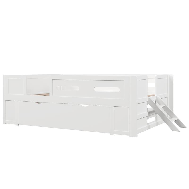 Roomfitters Full/Twin Size Wood Platform Bed with Underbed Storage Drawer and Safety Guardrails, Modern Low Loft Frame