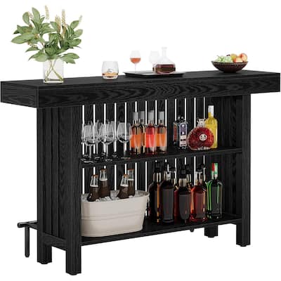 Modern Black MDF Home Bar Table with Storage Shelves and Footrest for Dining Room - 62.99”L x 15.75”W x 41.53”H