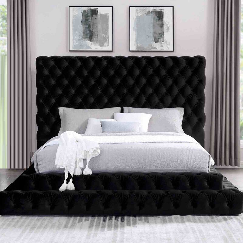 Glam Black Finish Step Up Fully Upholstered 4 PC Bedroom Set Button Tufting
