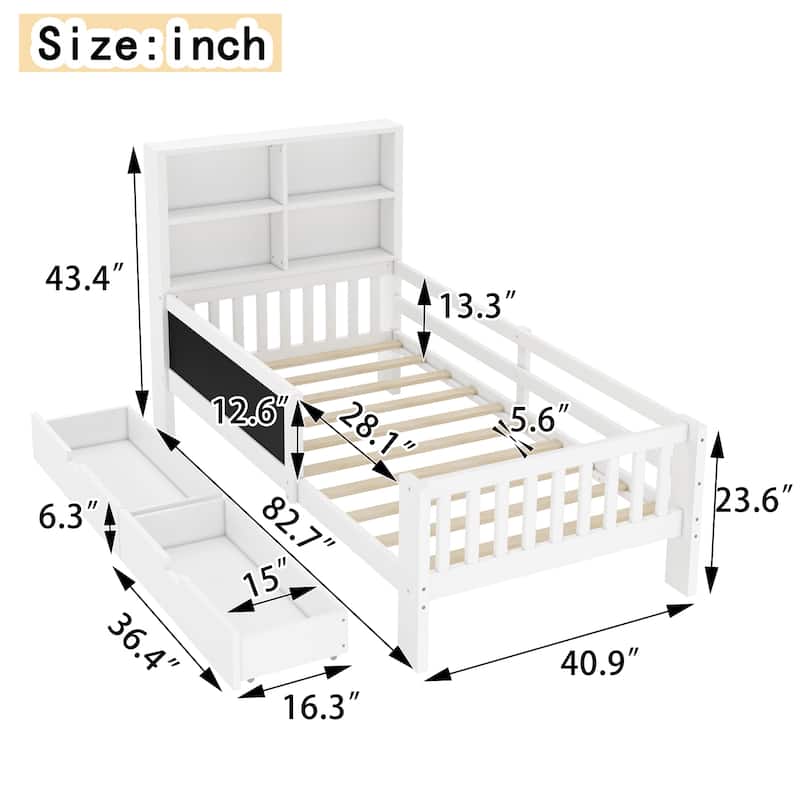 Childlike Fun Solid Wood Low-profile Platform Bed Storage Bed Frame with Side Chalkboard, Open Shelves, Drawers and Guardrails