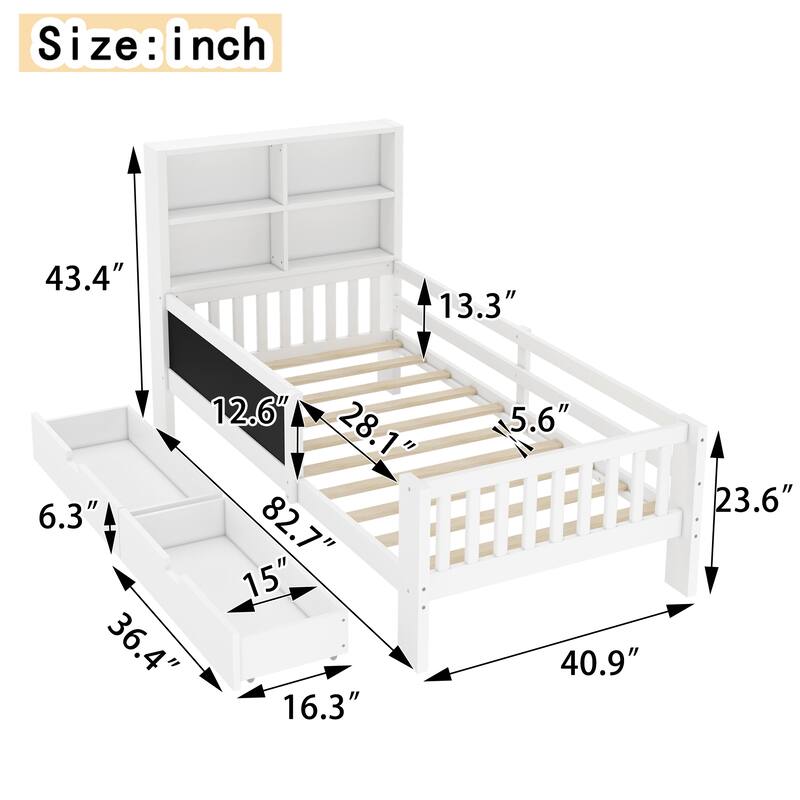 Wooden Platform Bed Frame with Storage Headboard, 2 Drawers and Chalkboard