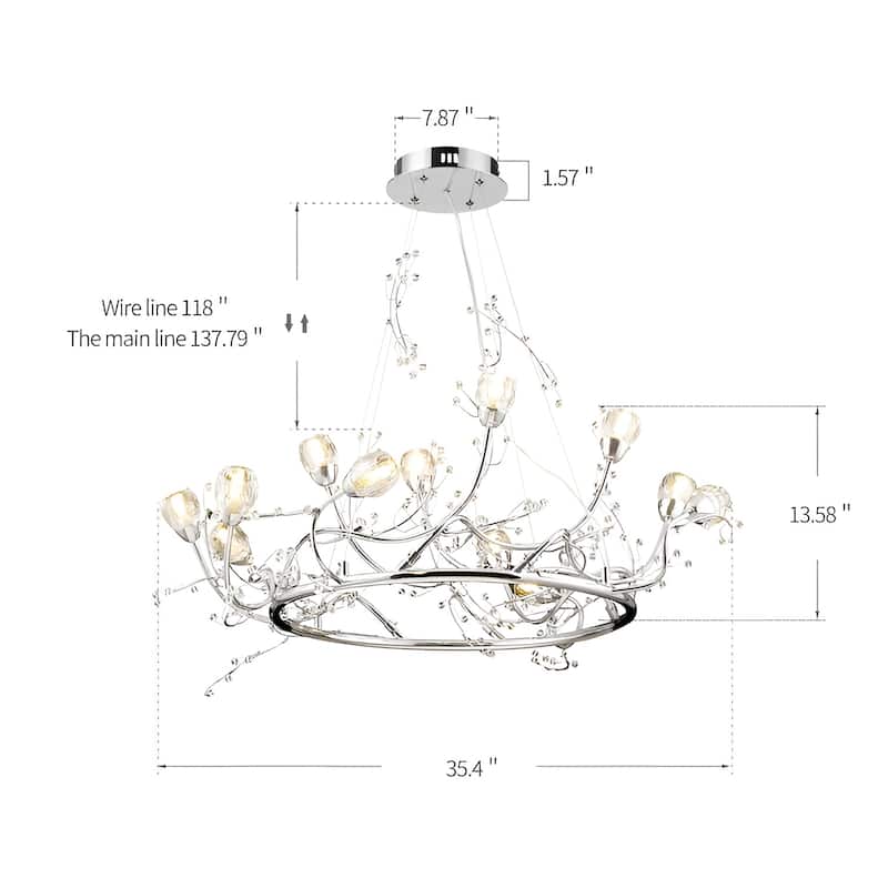12 - Light Crystal Round Rose Flowers Tree Like Chandelier - Chome