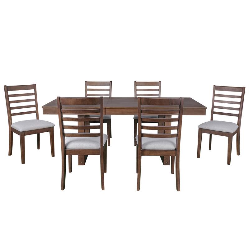 7 Piece Wood Extendable Dining Table Set with 6 Upholstered Chairs