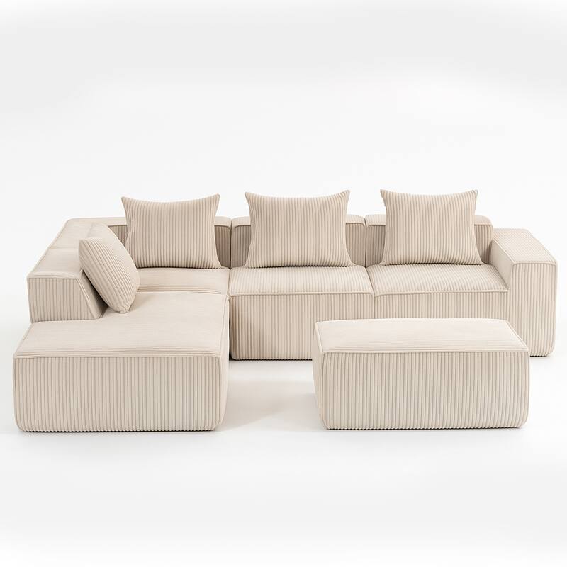 Corduroy Modular Sectional Sofa with Chaise Lounge, Deep Seat, Ottoman - Beige