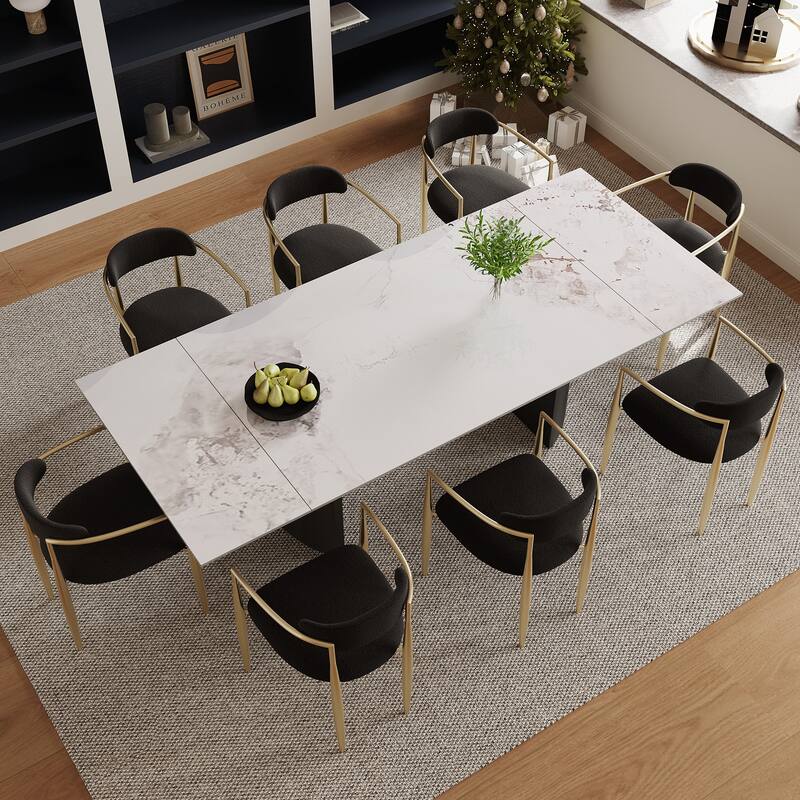 9 - Piece 94.48'' Modern Minimalist Extendable Sintered Stone Top Double Pedestal Dining Set With 8 Fabric Chairs
