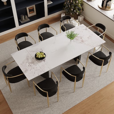 9 - Piece 94.48'' Modern Minimalist Extendable Sintered Stone Top Double Pedestal Dining Set With 8 Fabric Chairs