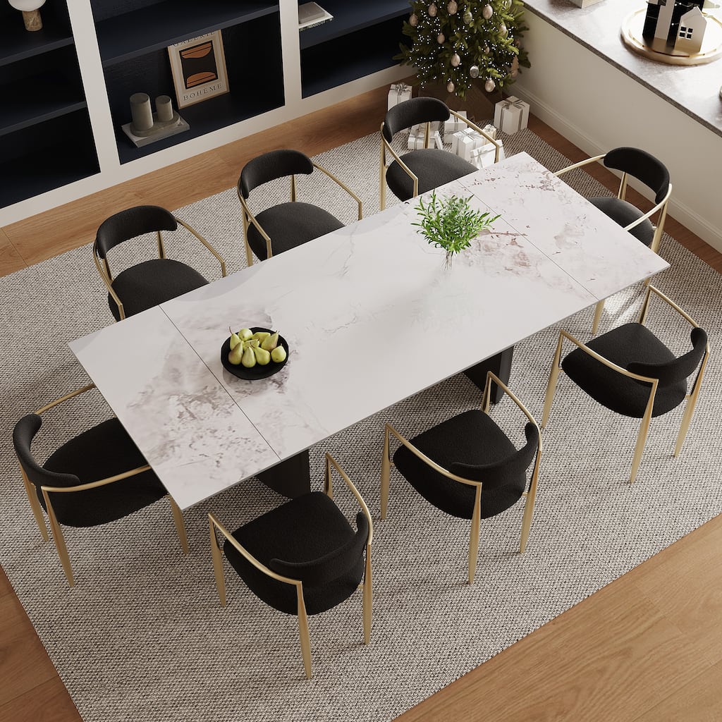 9 - Piece 94.48'' Modern Minimalist Extendable Sintered Stone Top Double Pedestal Dining Set With 8 Fabric Chairs