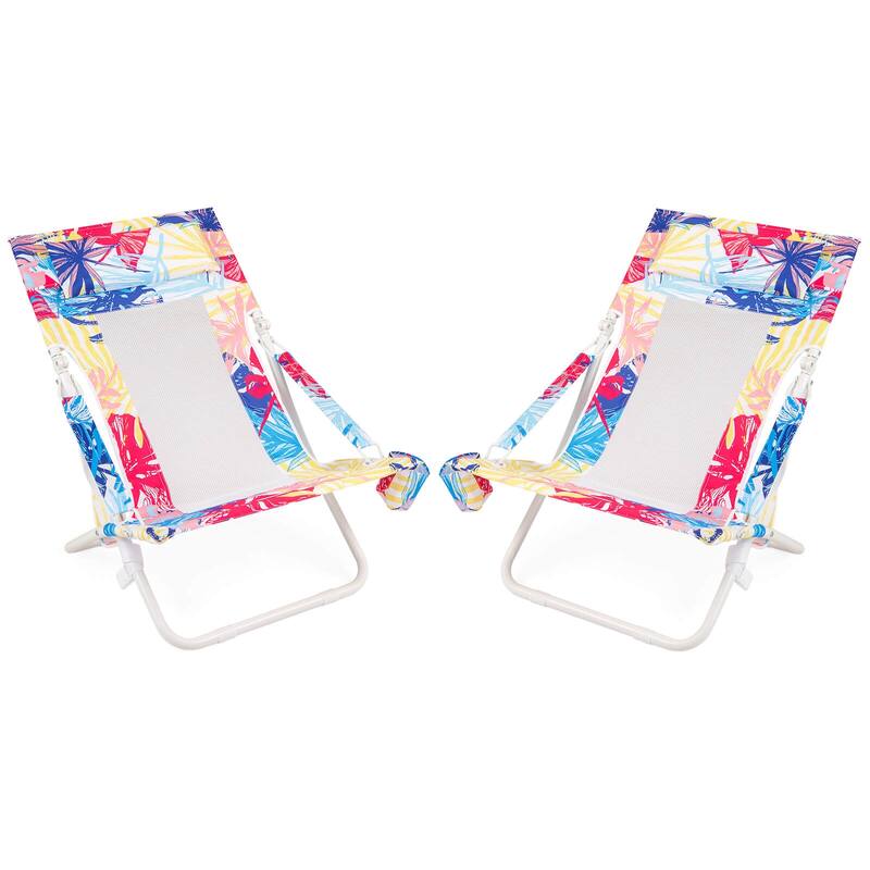 Costway Folding Low Beach Chair, Set of 2 with Padded Head Pillow,