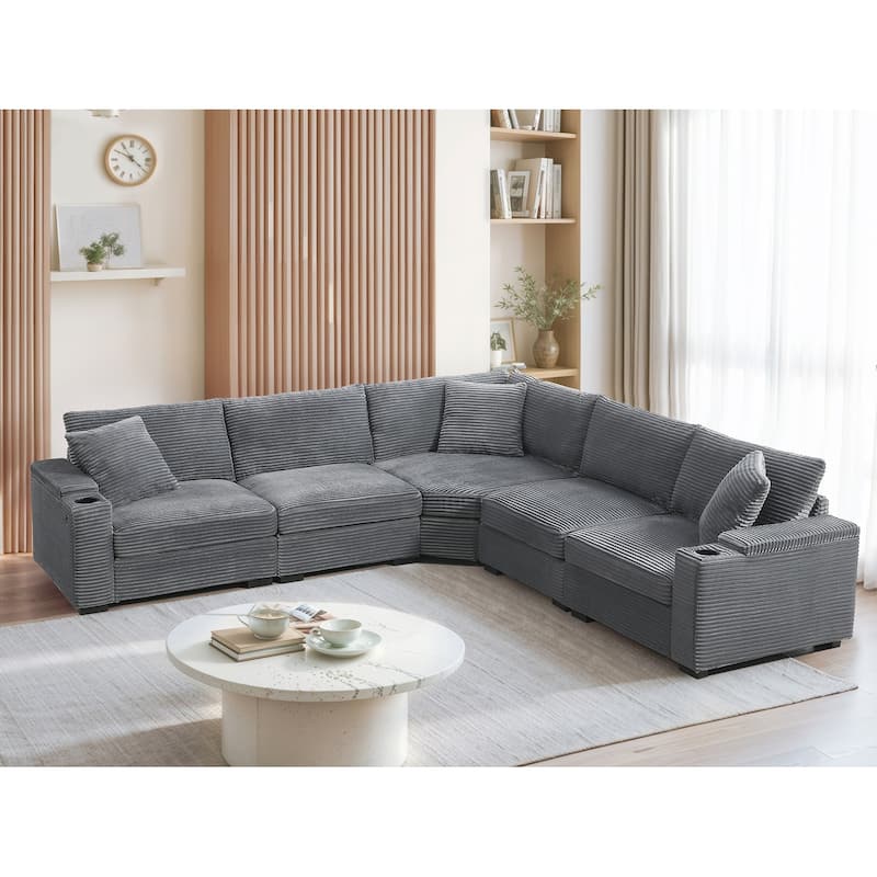 Convertible L Shaped Sectional Sofa, Oversized Corduroy Upholstered Sofa, Modular Corner Sofa with Cup Holders & USB Charger